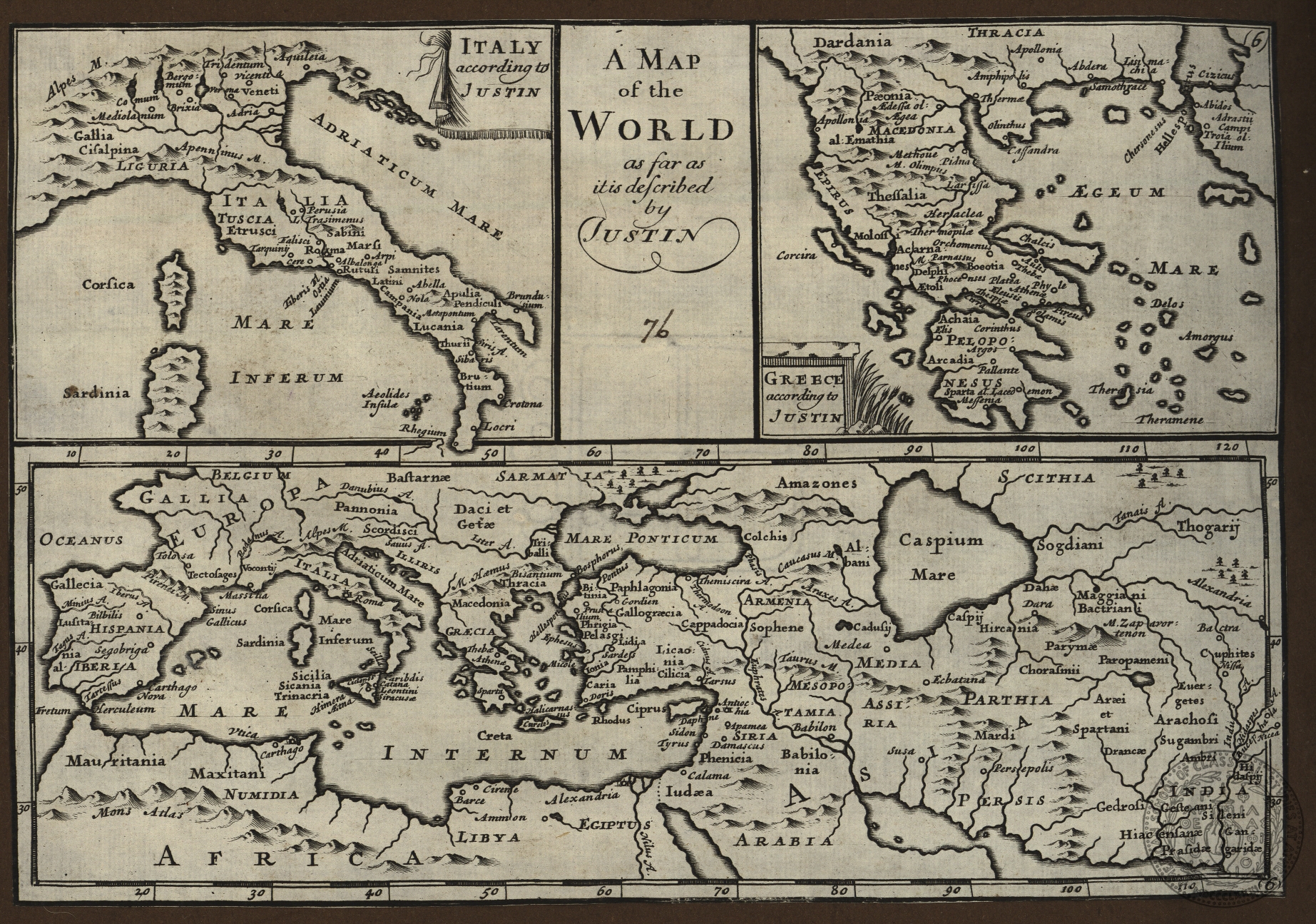 A Map of the World as far as it is described by Justin/ Italy according to Justin/ Greece according to Justin